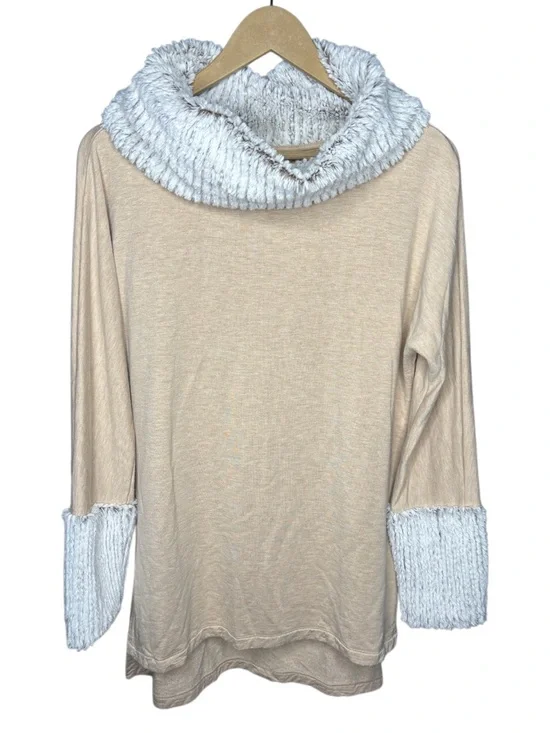 Soft Surroundings | Taupe Faux Fur Cowl Neck Top | Cozy Lounge Sweater | Size S - Picture 3 of 6